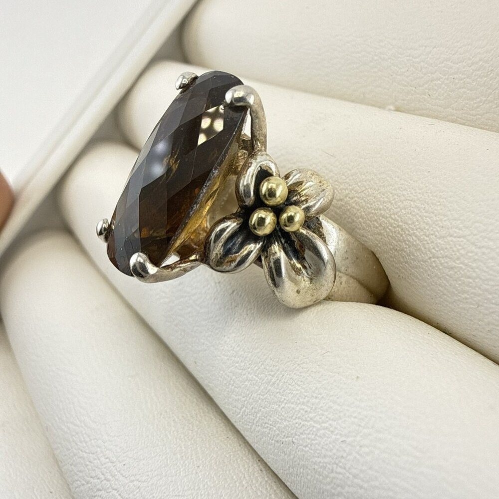 Ann King Ring Sterling Silver 18k Yellow Gold Floral Flower Smoky Quartz Size 8 - Picture 5 of 11